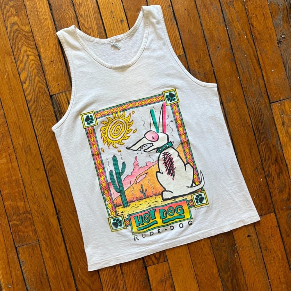 Vintage 80s Sun Sportswear Rude Dog Single Stitch Women White Multi Tank Top - Picture 2 of 4